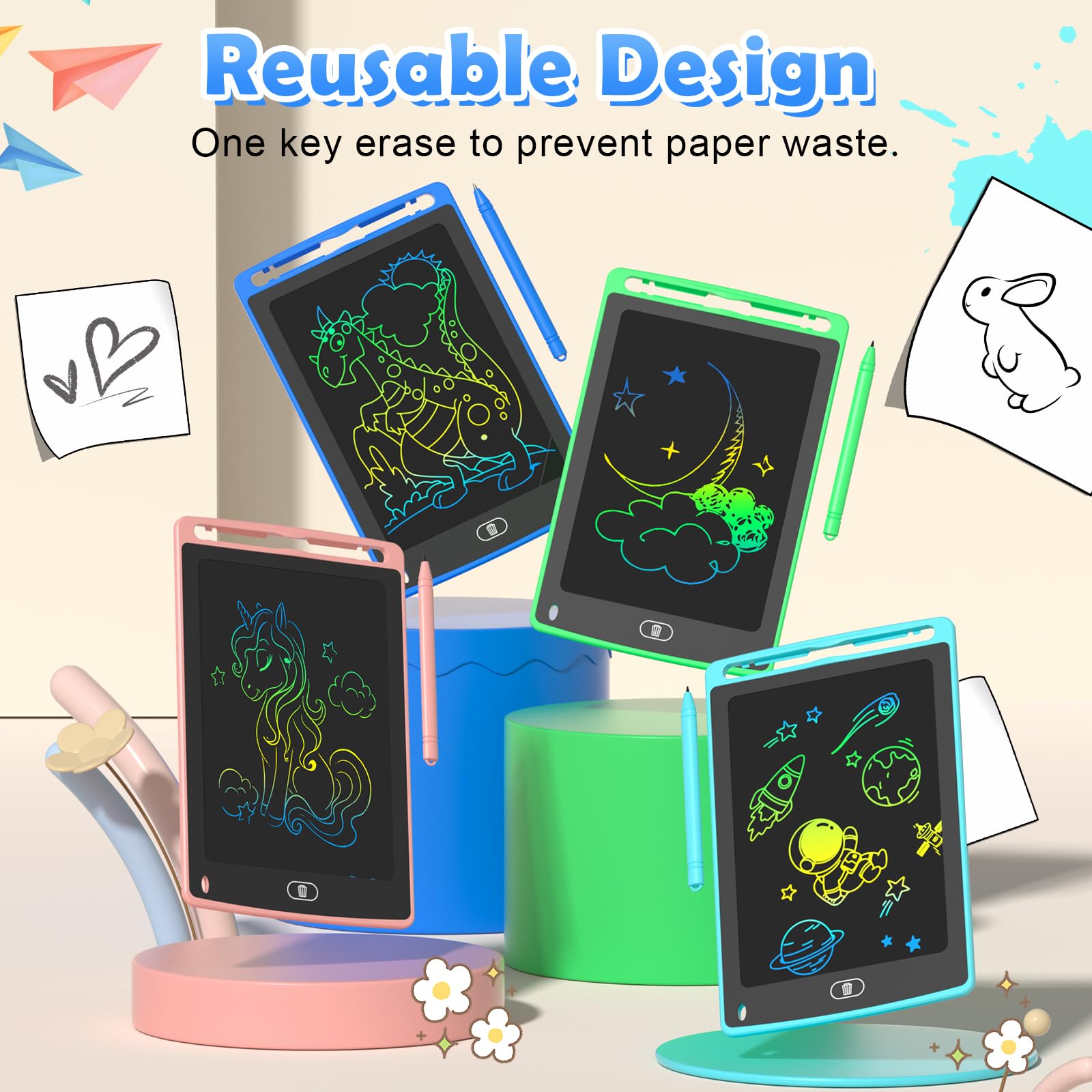 TQU 4-pack LCD doodle tablet erase button on the front for quick clearing.