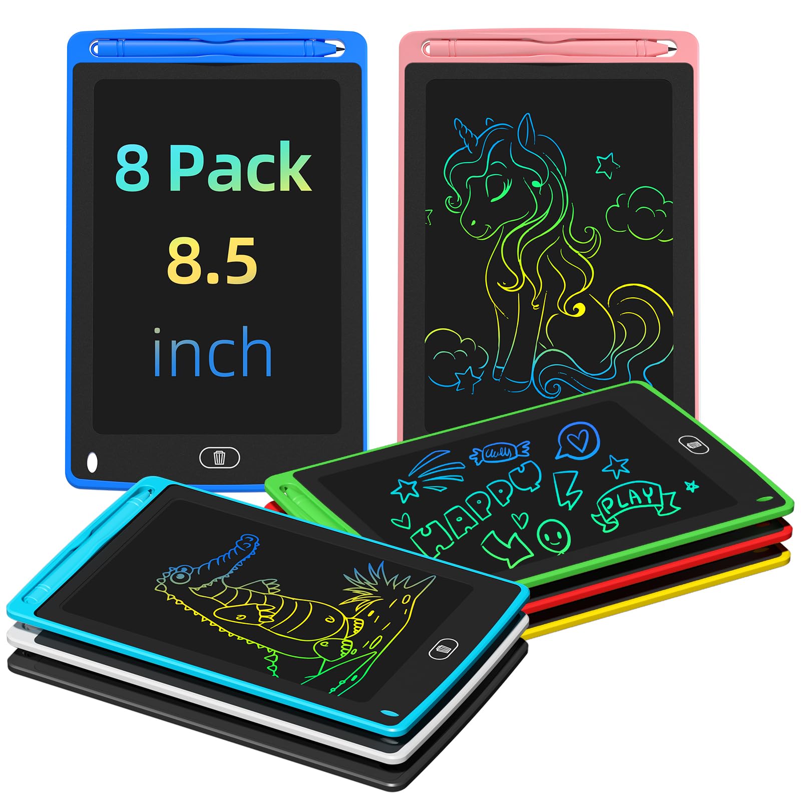 TQU eight pack colorful doodle board for kids with a bright erase friendly surface
