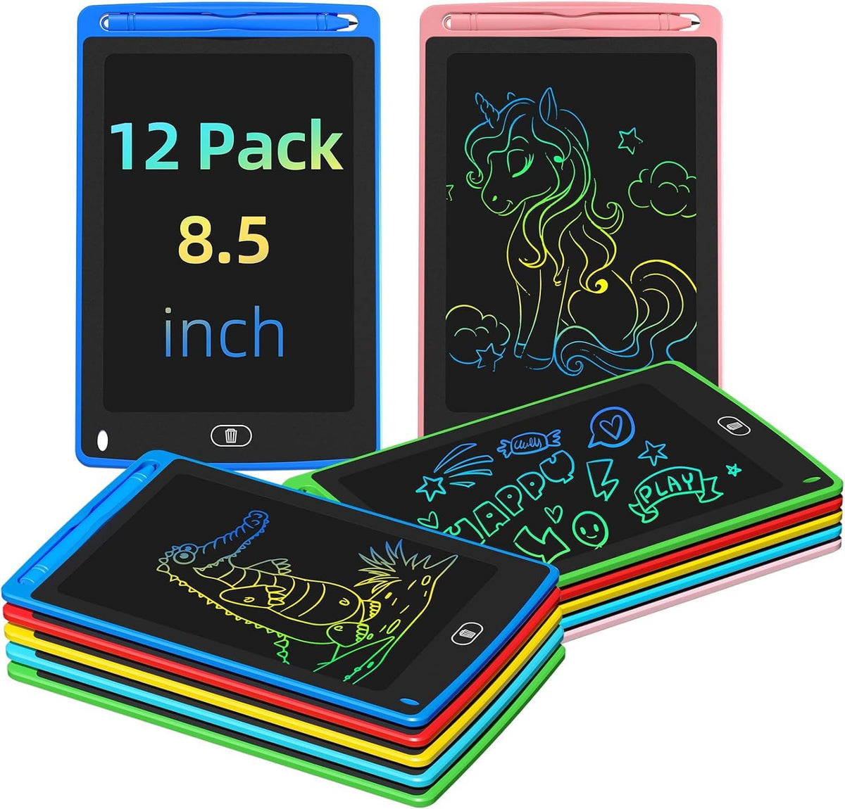 TQU Party Favor 12-pack LCD tablets show bright colors for creative drawing.