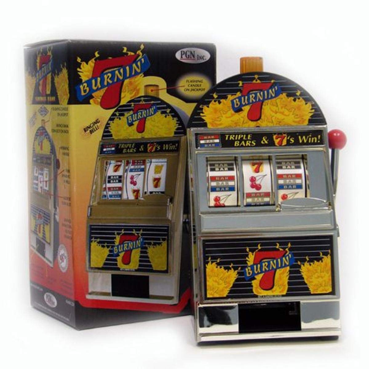 Trademark Poker Burning 7s slot bank with spinning reels, ideal for nostalgic desk decor and gifts.