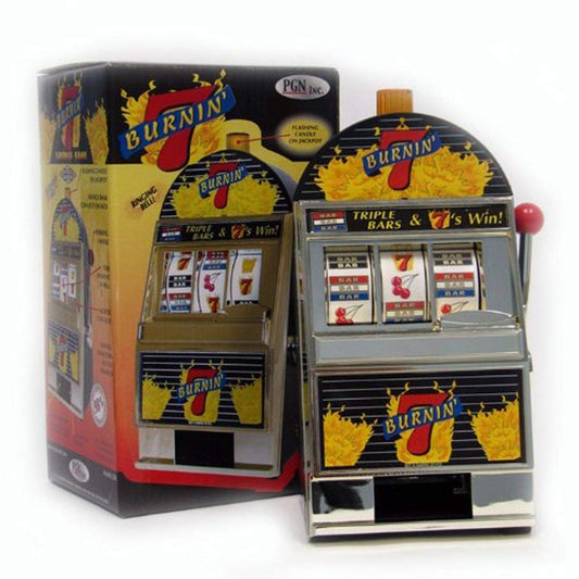 Trademark Poker Burning 7s slot bank with spinning reels, ideal for nostalgic desk decor and gifts.