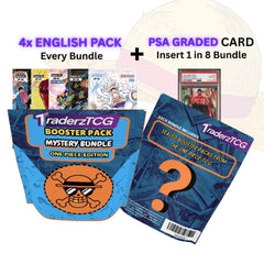 Display of sealed TraderzTCG One Piece booster bundle emphasizing authenticity