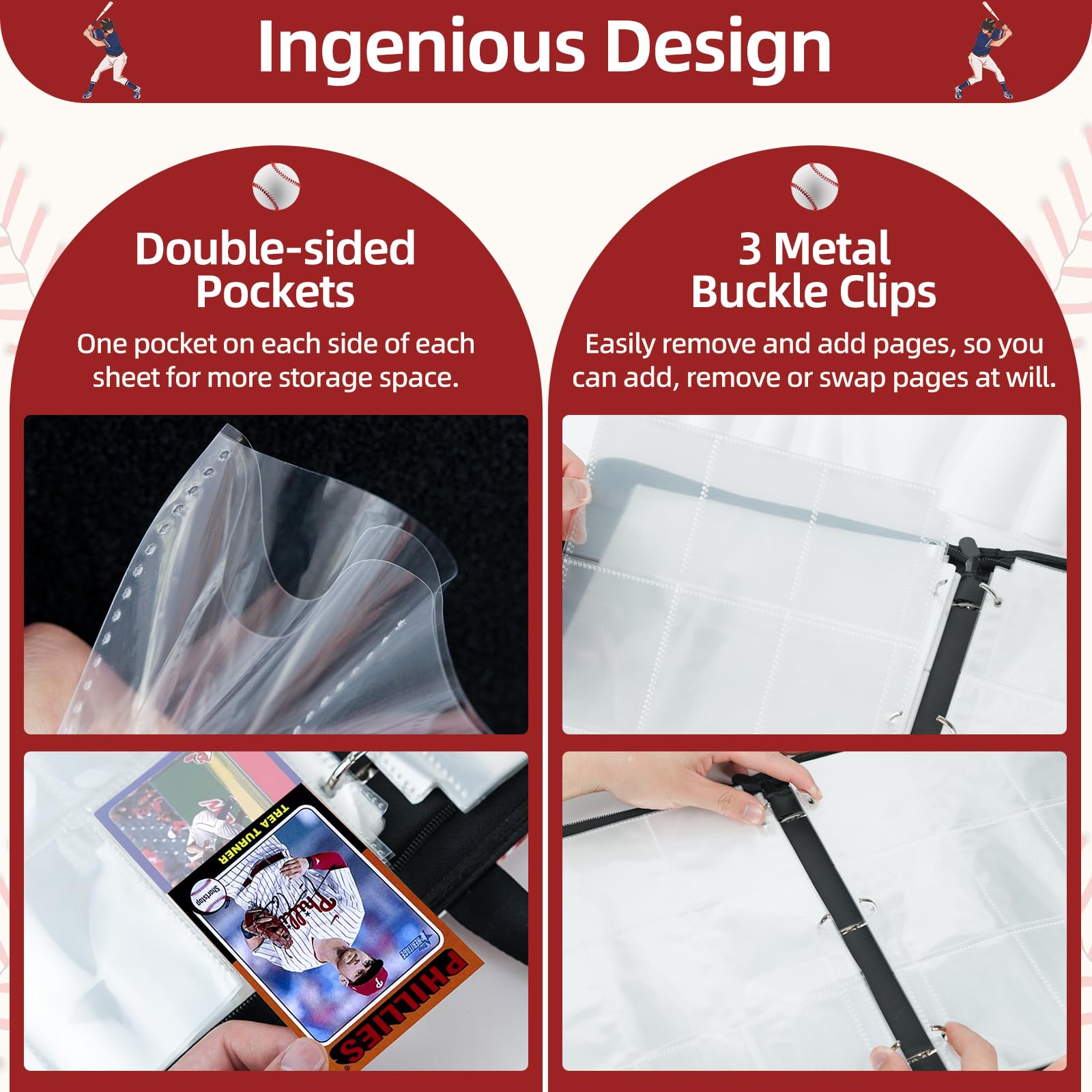 Traier binder opened to 9-pocket pages for easy access