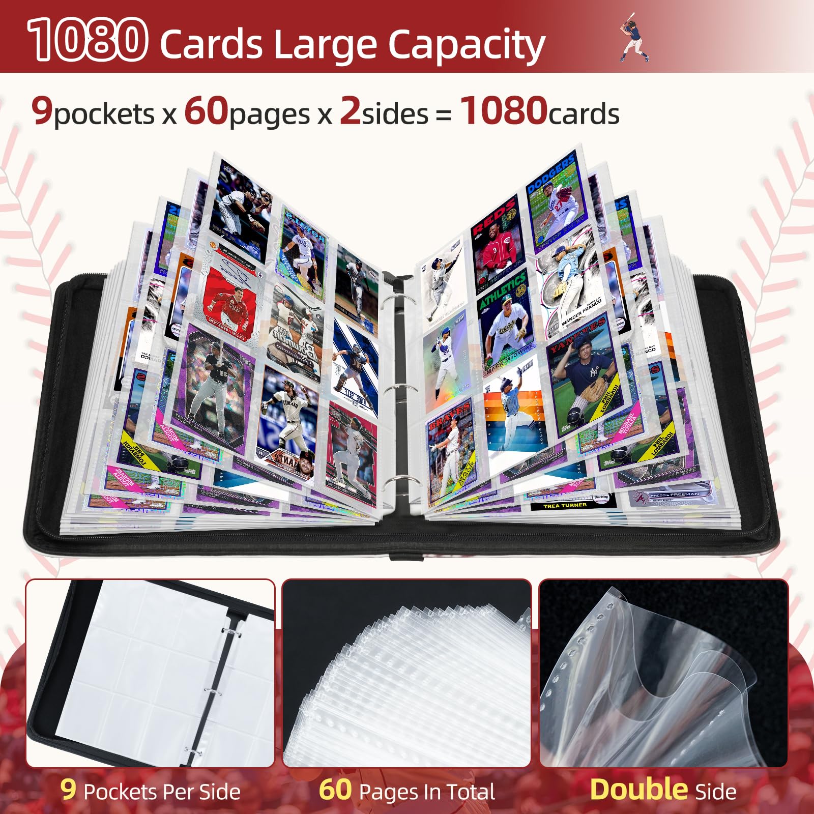 Traier binder interior with clear sleeves for quick card viewing