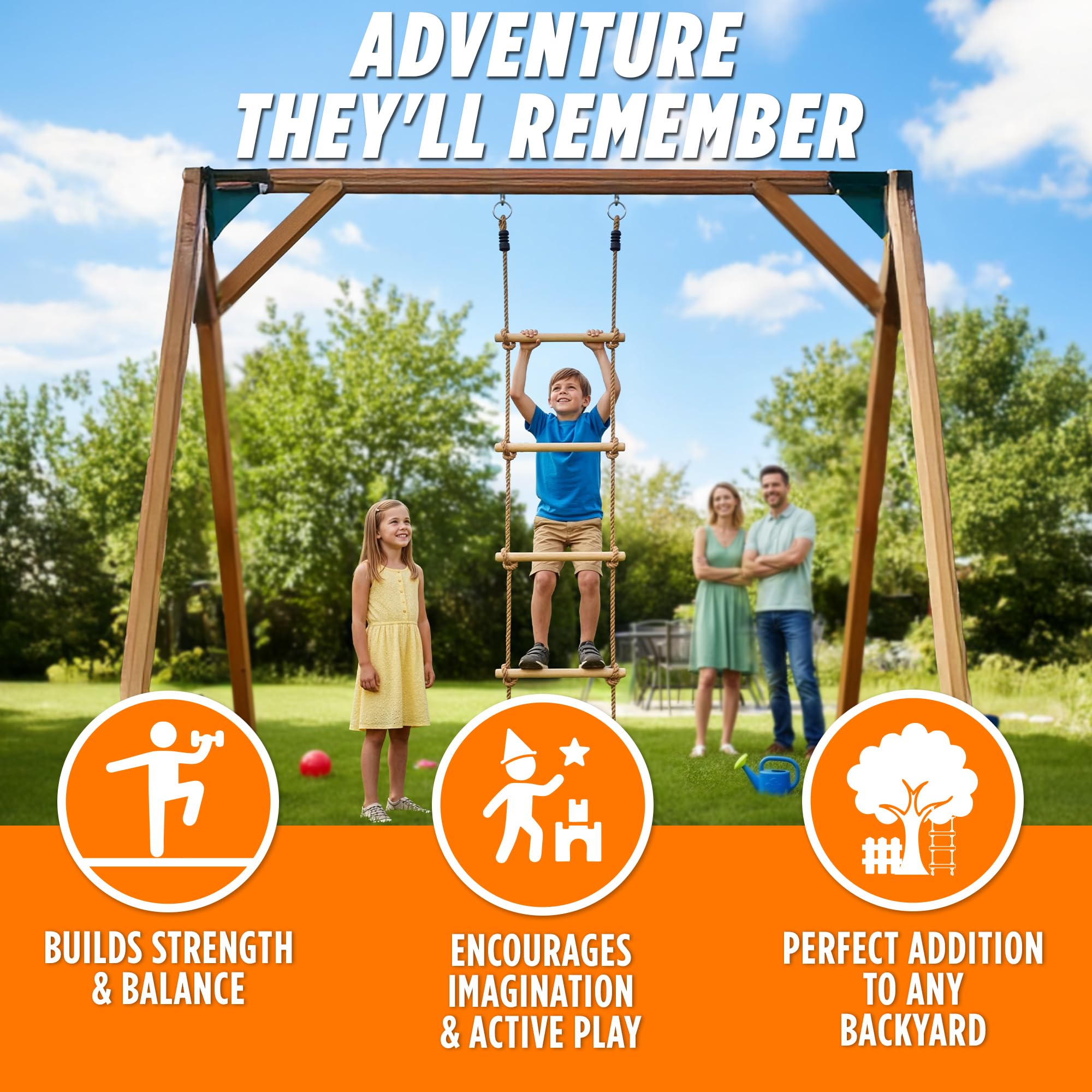 Trailblaze ladder attached to a swing set in a sunny backyard