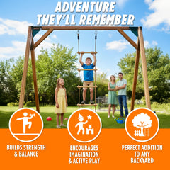 Trailblaze ladder attached to a swing set in a sunny backyard