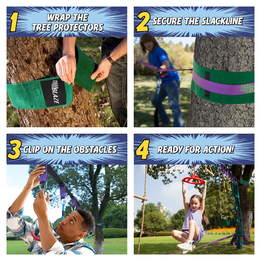 Trailblaze Ninja Warrior tree-protectors: safer setup by shielding trunks during play.