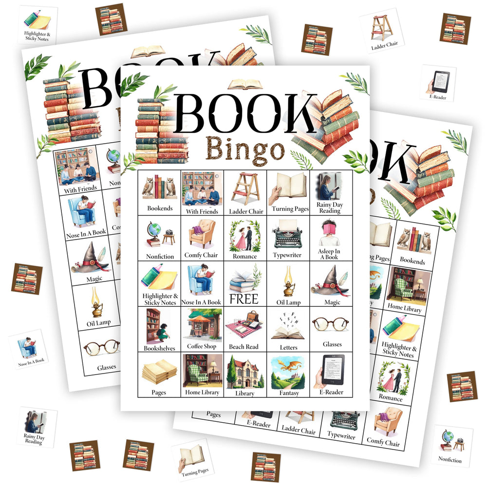 Tranfvging book bingo cards with colorful bookshelf patterns for engaging group play