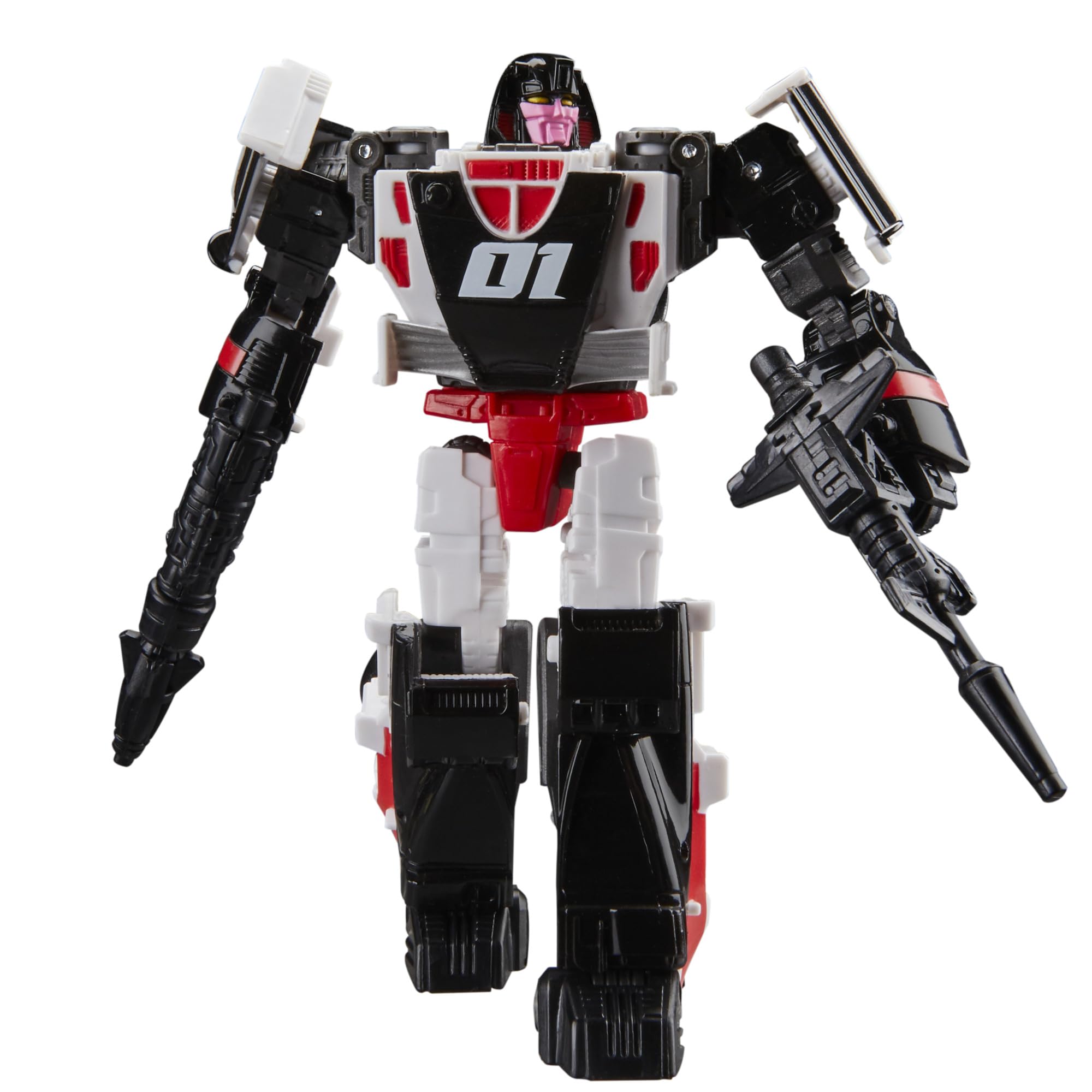 Transformers Age of the Primes Decepticon Crasher with two blaster accessories included.