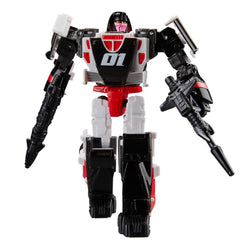 Transformers Age of the Primes Decepticon Crasher with two blaster accessories included.