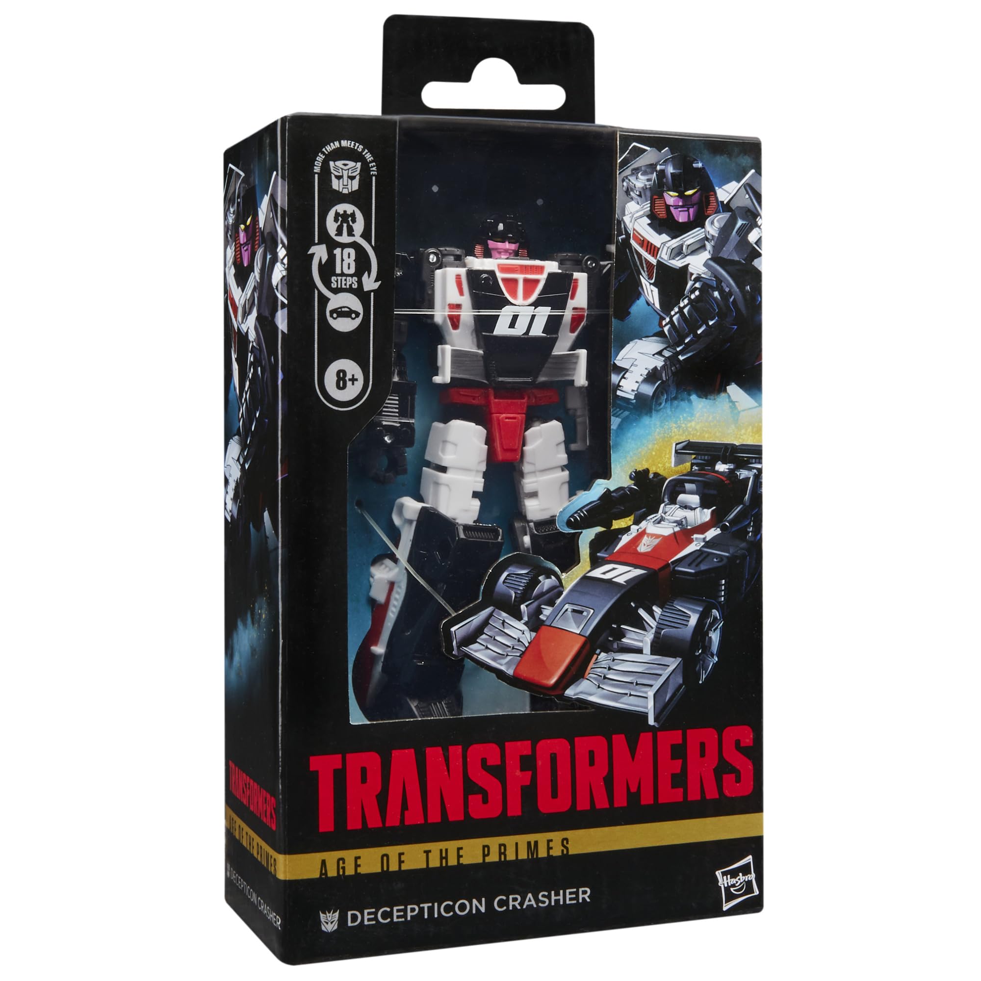 Transformers Age of the Primes Decepticon Crasher in sports car mode with blaster attached.