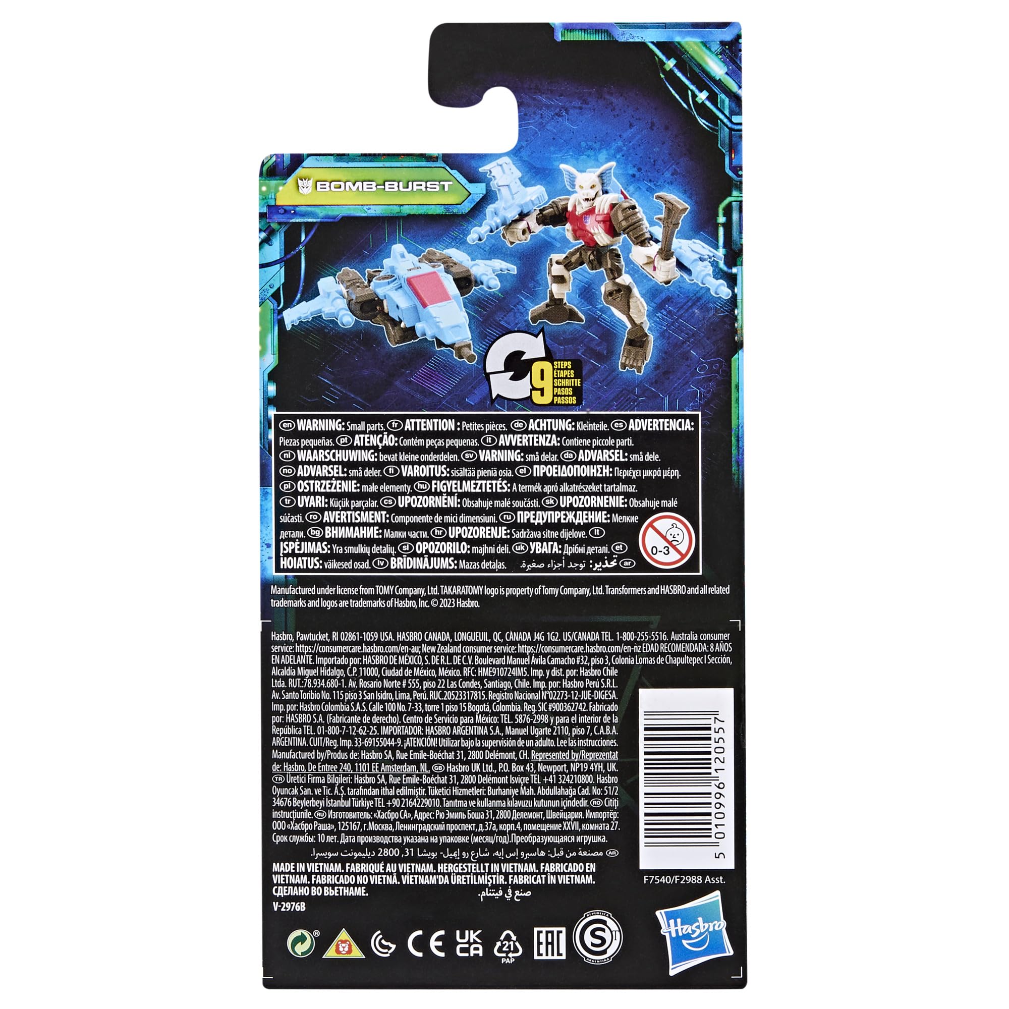 Bomb-Burst packaging with instruction scan for reveal tech specs and play ideas.