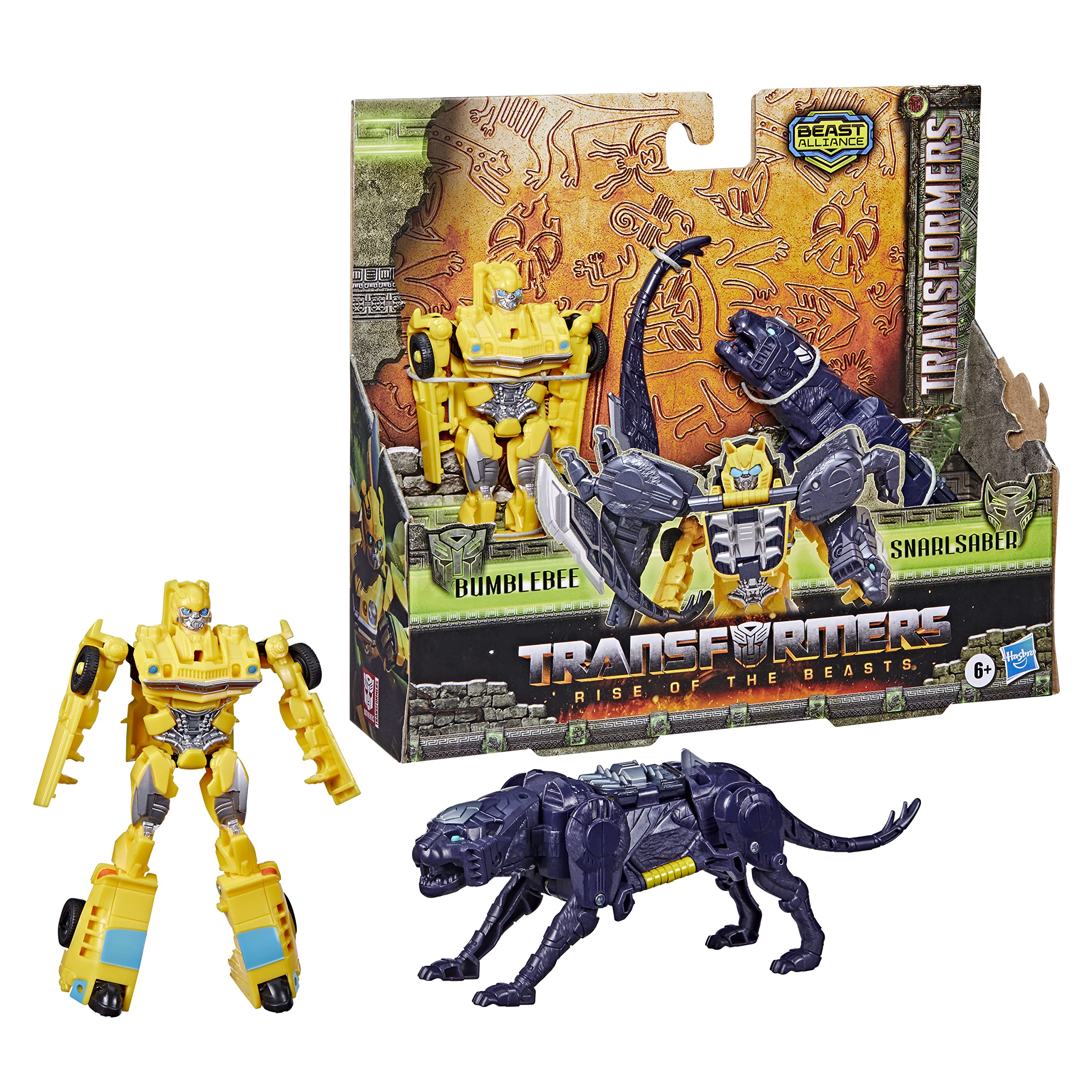 Transformers Bumblebee and Snarlsaber packaging image aids shopper recognition.