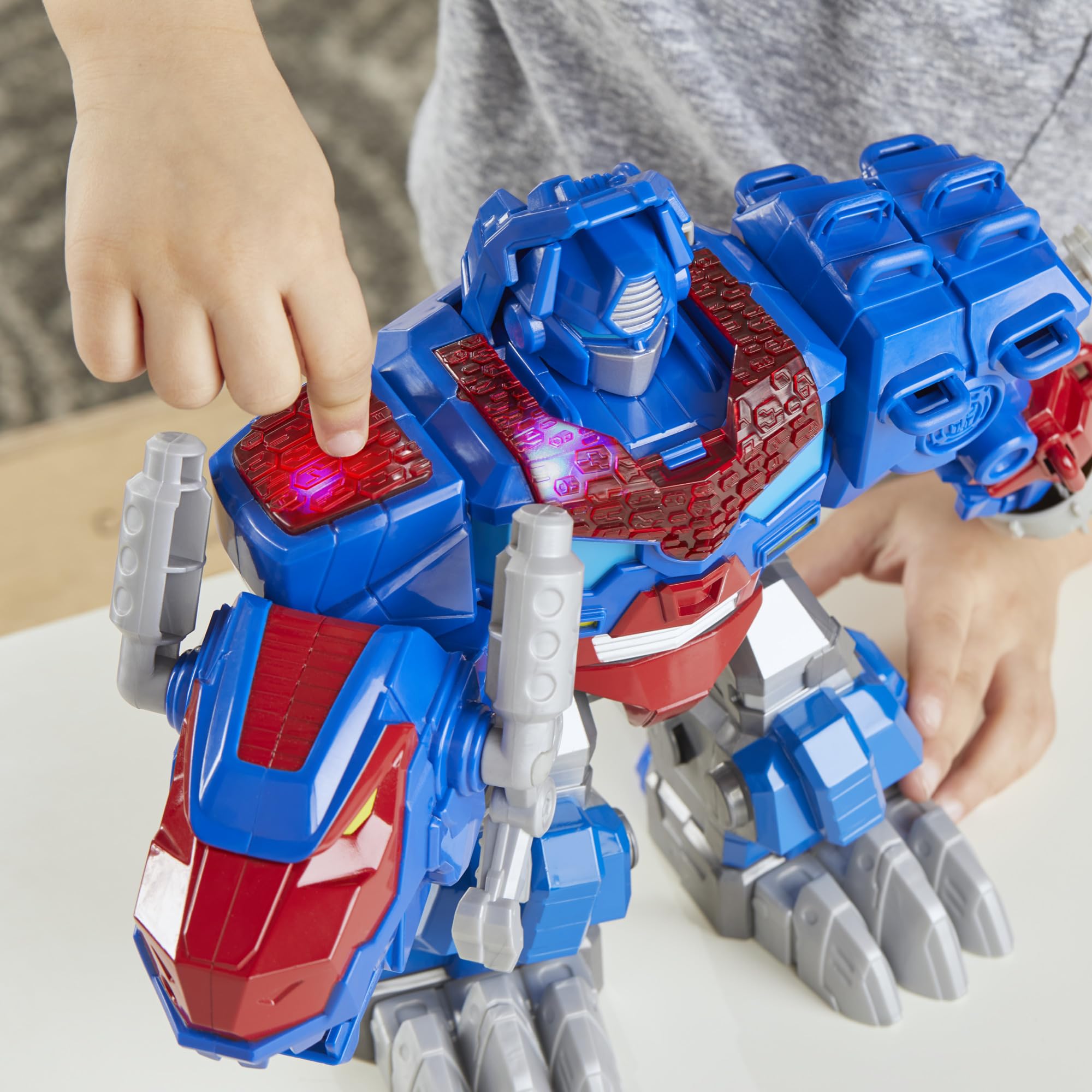 Transformers Dinobot Adventures Optimus Prime robot mode action for durable kid-friendly play sessions.