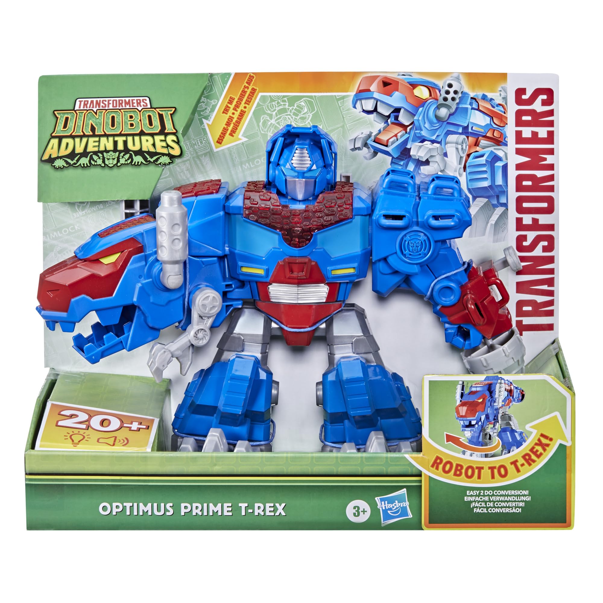 Transformers Dinobot Adventures Optimus Prime T-Rex to robot conversion in one motion for easy play.