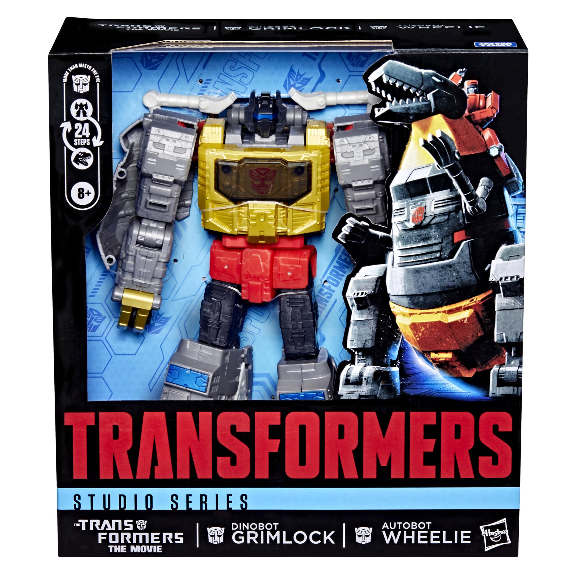 Transformers Dinobot Grimlock with Autobot Wheelie seated on top, adds playful display.