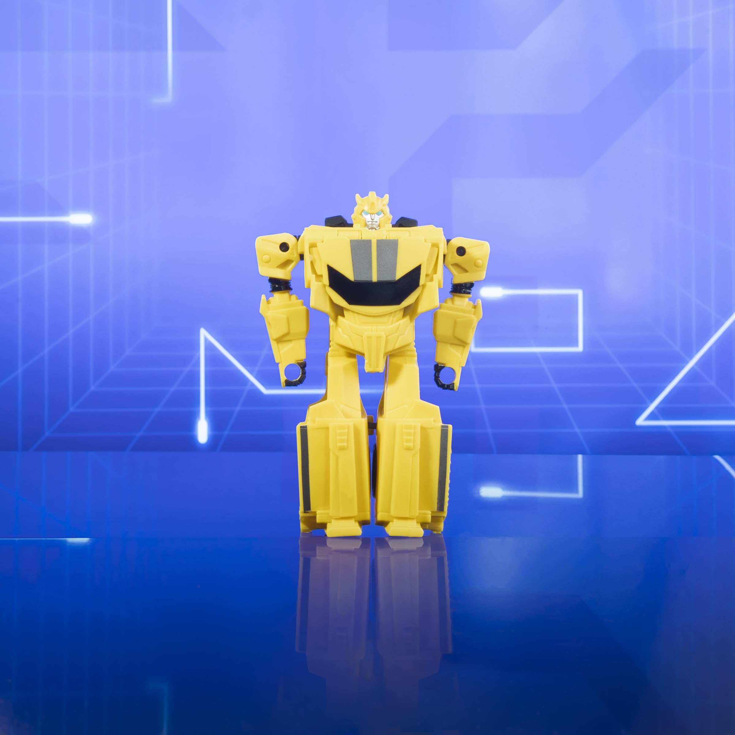Bumblebee toy landing after air flip, enabling quick robot-to-car conversion.