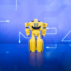 Bumblebee toy landing after air flip, enabling quick robot-to-car conversion.