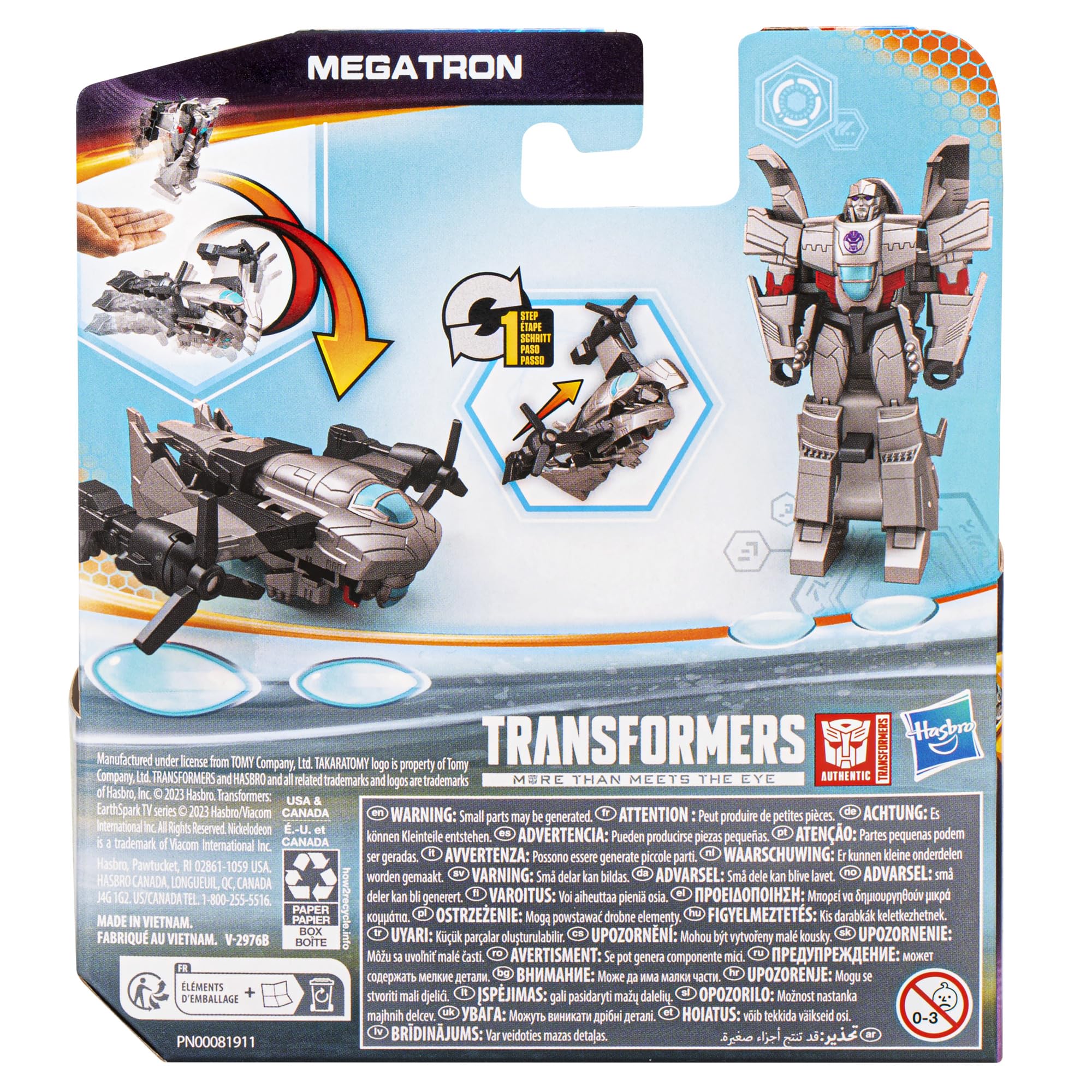 EarthSpark Megatron packaging image highlighting features and safe storage.