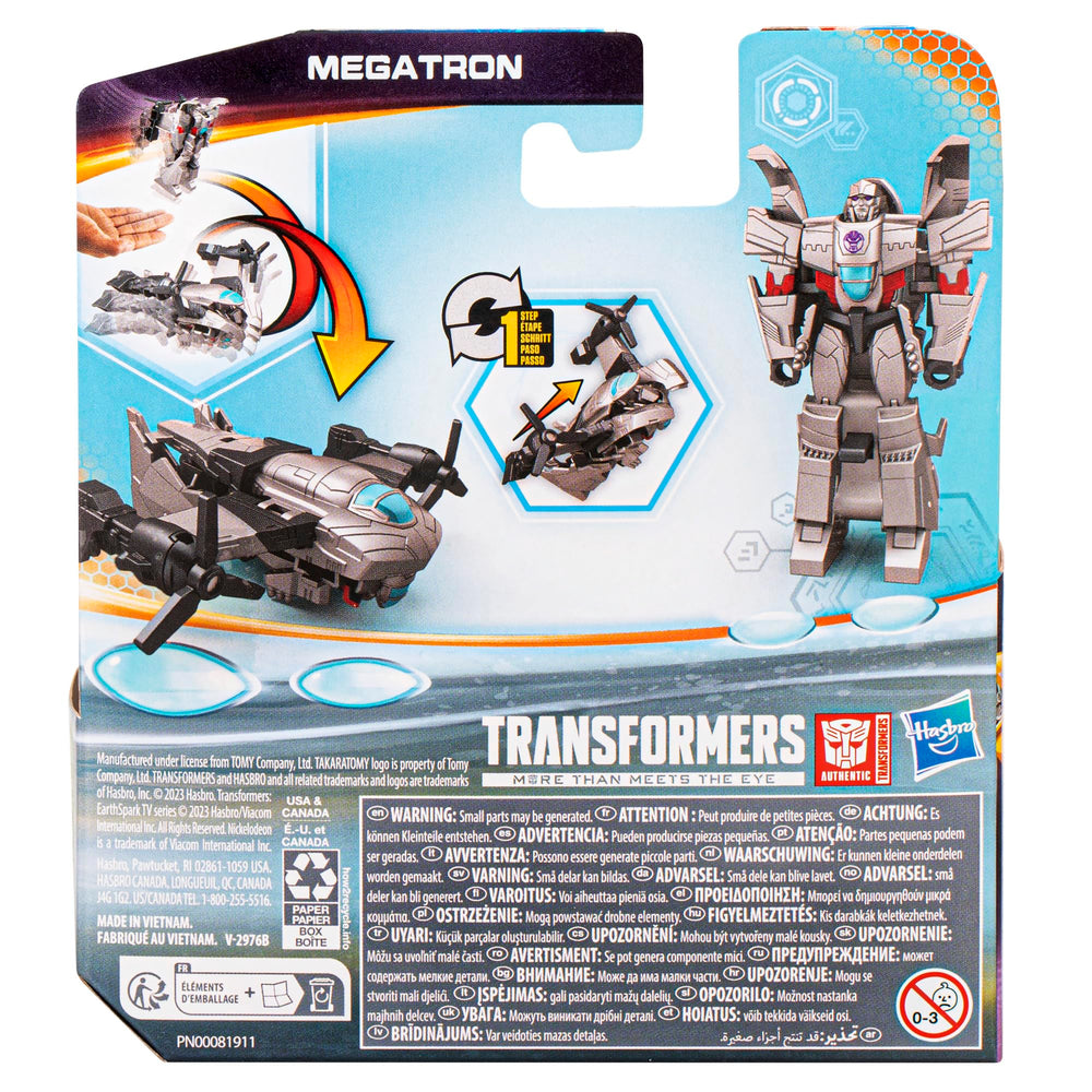 EarthSpark Megatron packaging image highlighting features and safe storage.