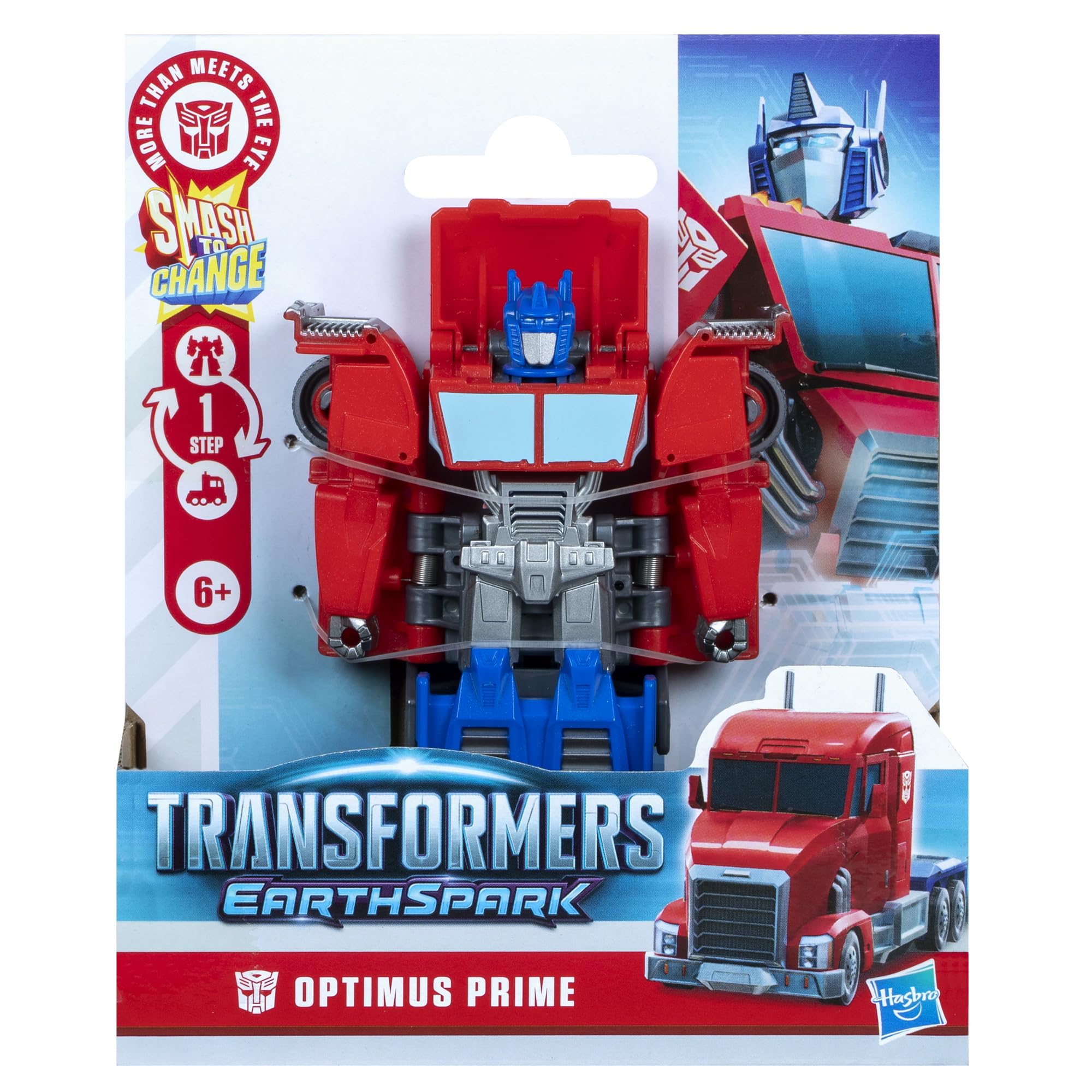 Transformers EarthSpark Optimus Prime transitioning to robot mode with a quick smash.