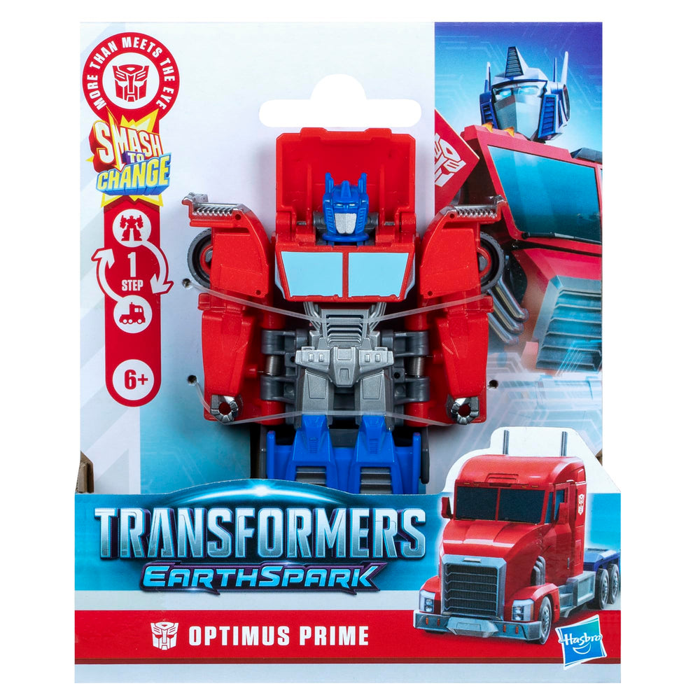 Transformers EarthSpark Optimus Prime transitioning to robot mode with a quick smash.