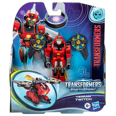 Transformers EarthSpark Terran Twitch can combine with Warrior Class Bumblebee.