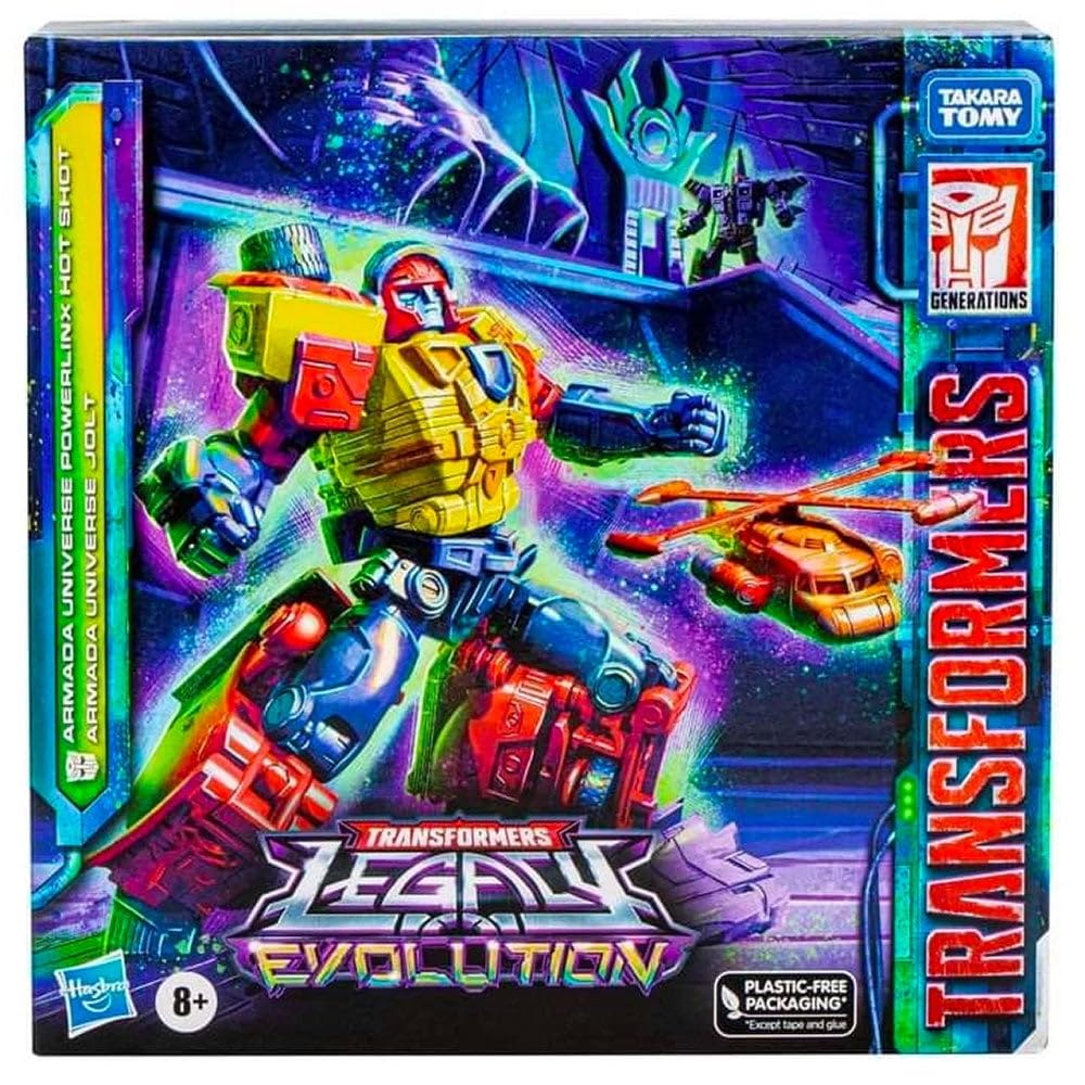 Transformers Hot Shot & Jolt in-hand pose, shelf-ready display.