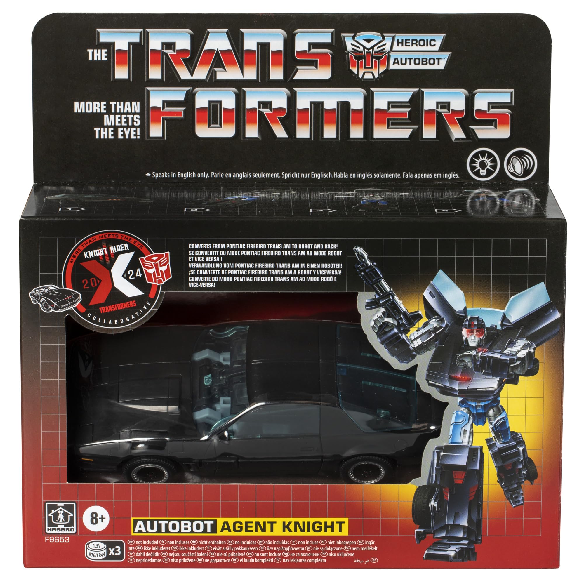 Transformers Autobot Agent Knight includes blasters and comm link for dynamic action.