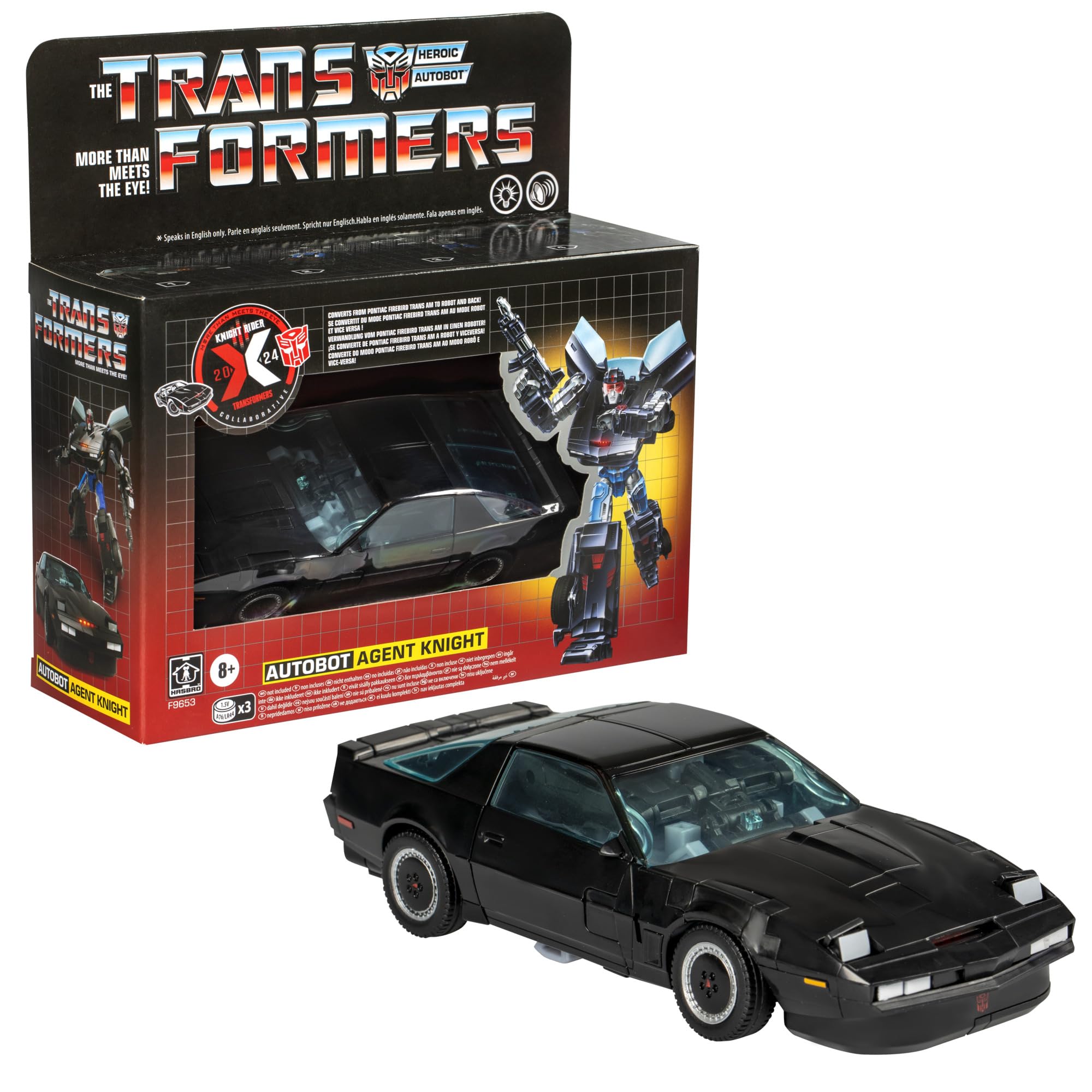 Transformers Autobot Agent Knight features electronic lights and sounds for immersive play.
