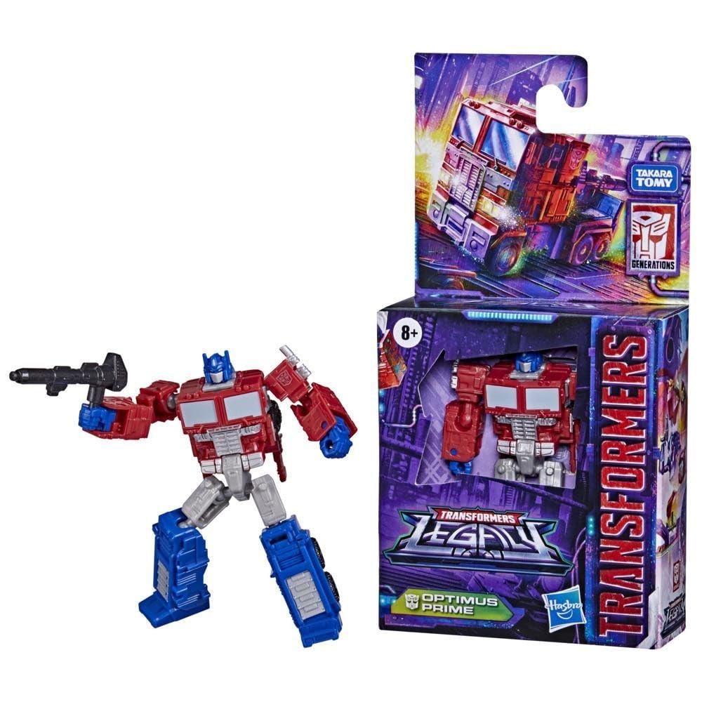 Packaging showcases the Transformers Legacy Core Optimus Prime collectible design.