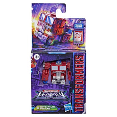 Transformers Legacy Core Optimus Prime in truck mode for vehicle play.