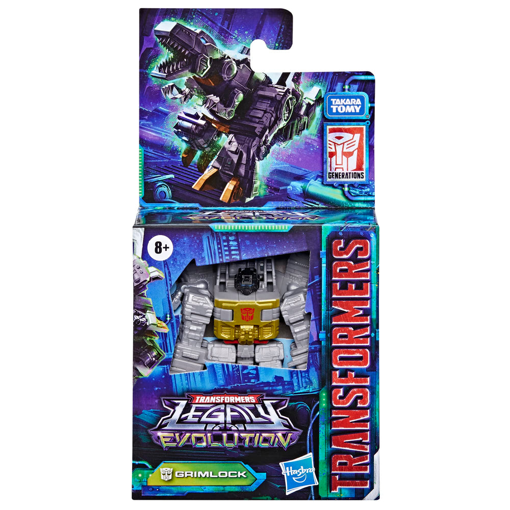 Transformers Legacy packaging featuring Grimlock and the six-dinobot lineup.