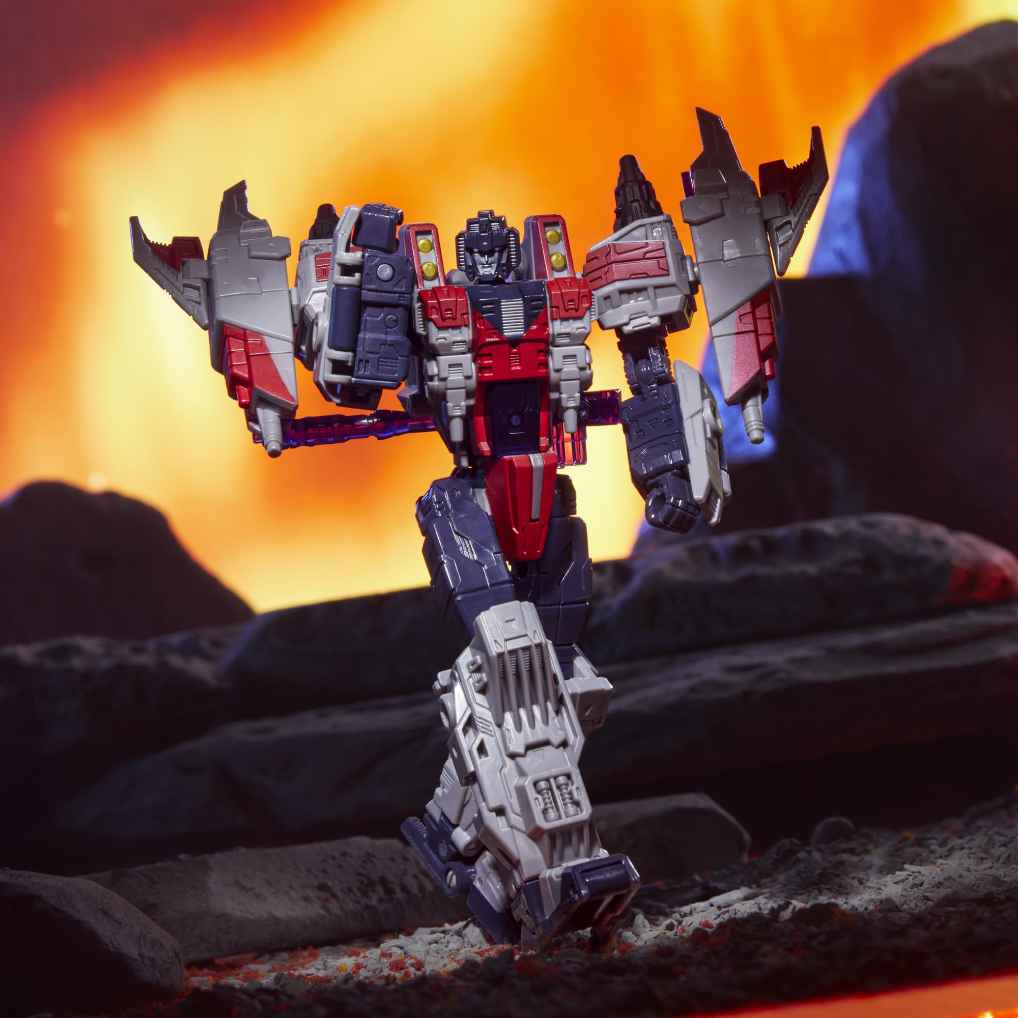 Transformers Legacy Starscream blaster, Cyber-Key, and jet wings enrich battle-ready setup.