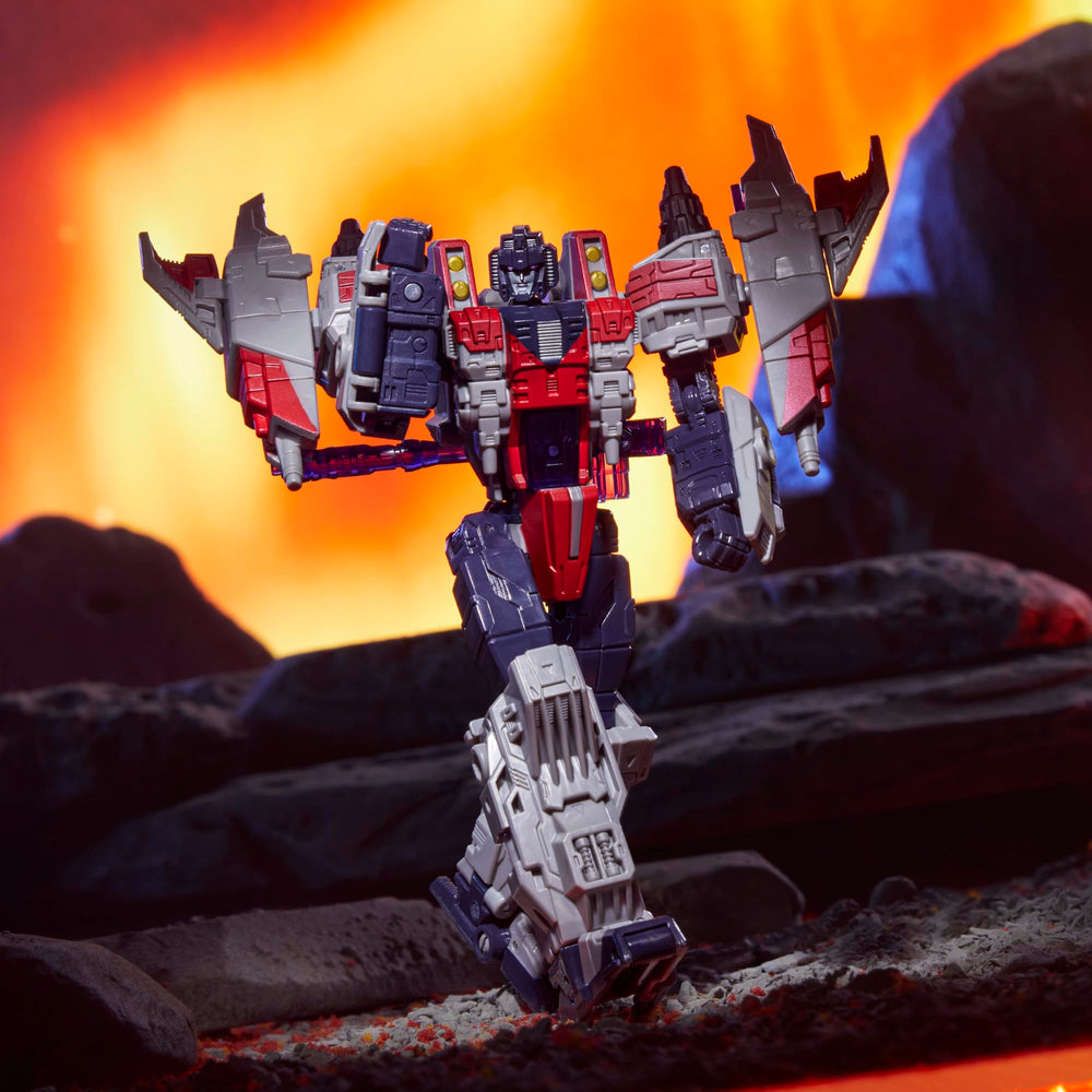 Transformers Legacy Starscream blaster, Cyber-Key, and jet wings enrich battle-ready setup.