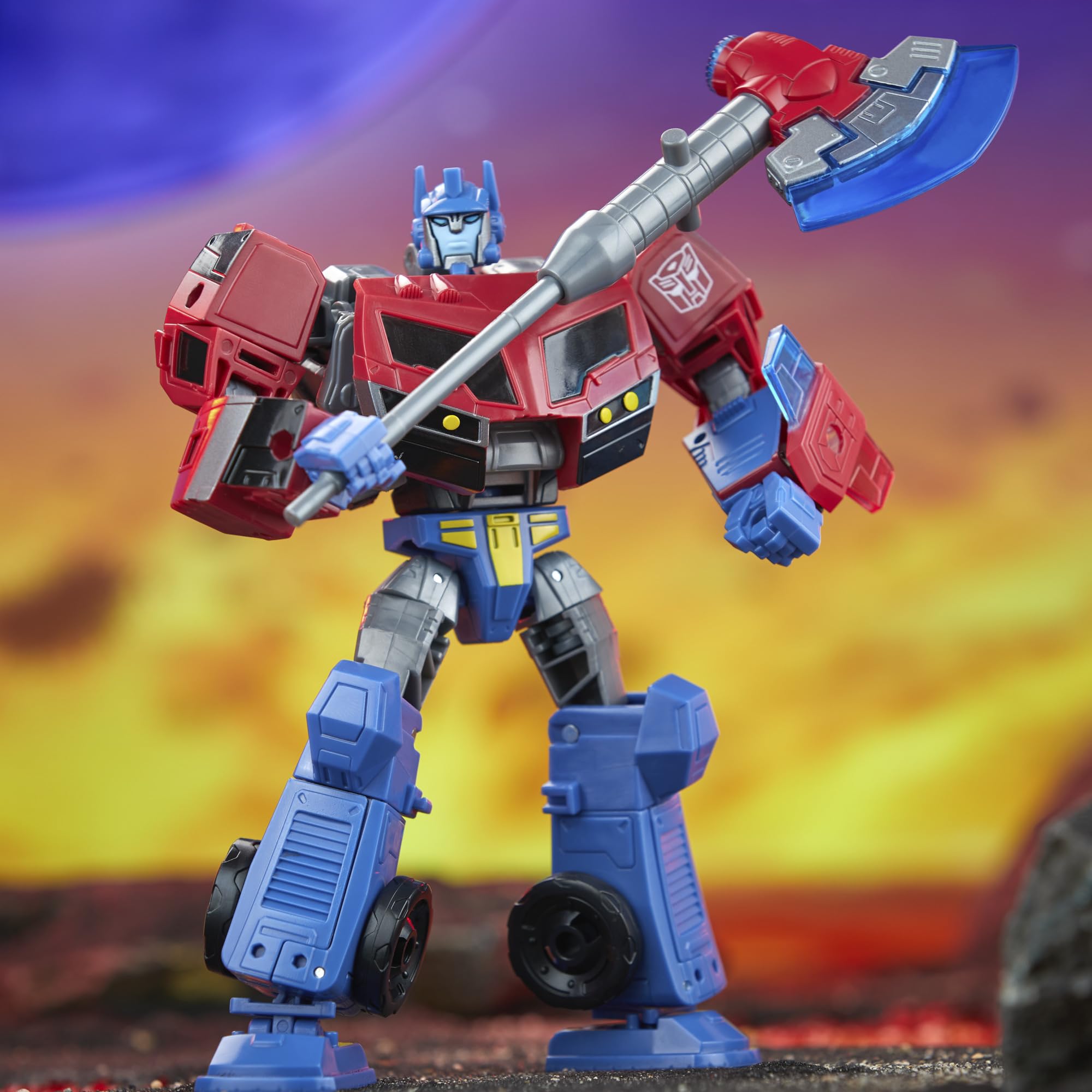 Transformers Legacy United Optimus Prime ready for display with animated deco