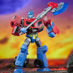Transformers Legacy United Optimus Prime ready for display with animated deco