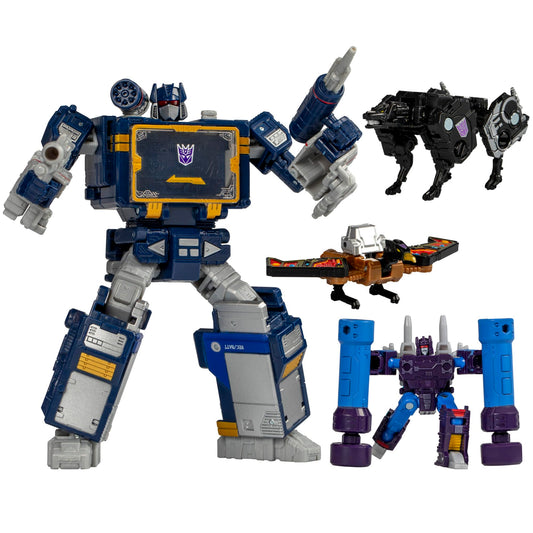 Transformers Legacy United Soundwave in robot-to-cassette mode for dynamic display and play.