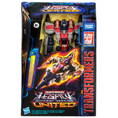 Transformers Legacy United Starscream jet mode with Vertex blades for dynamic aerial display.