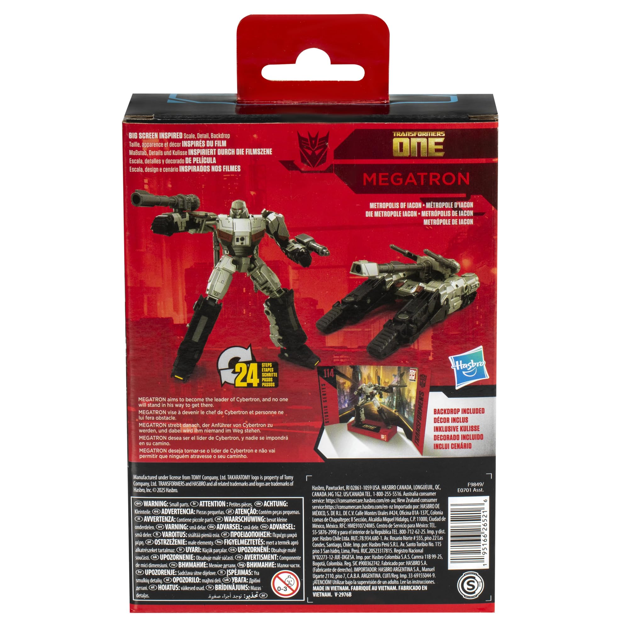 Transformers Megatron removable backdrop shows Metropolis of Iacon scene for display.