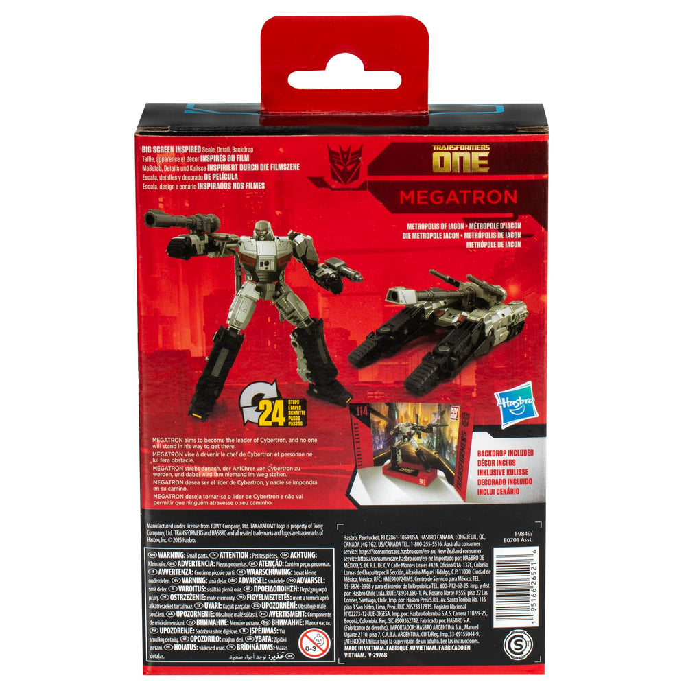 Transformers Megatron removable backdrop shows Metropolis of Iacon scene for display.