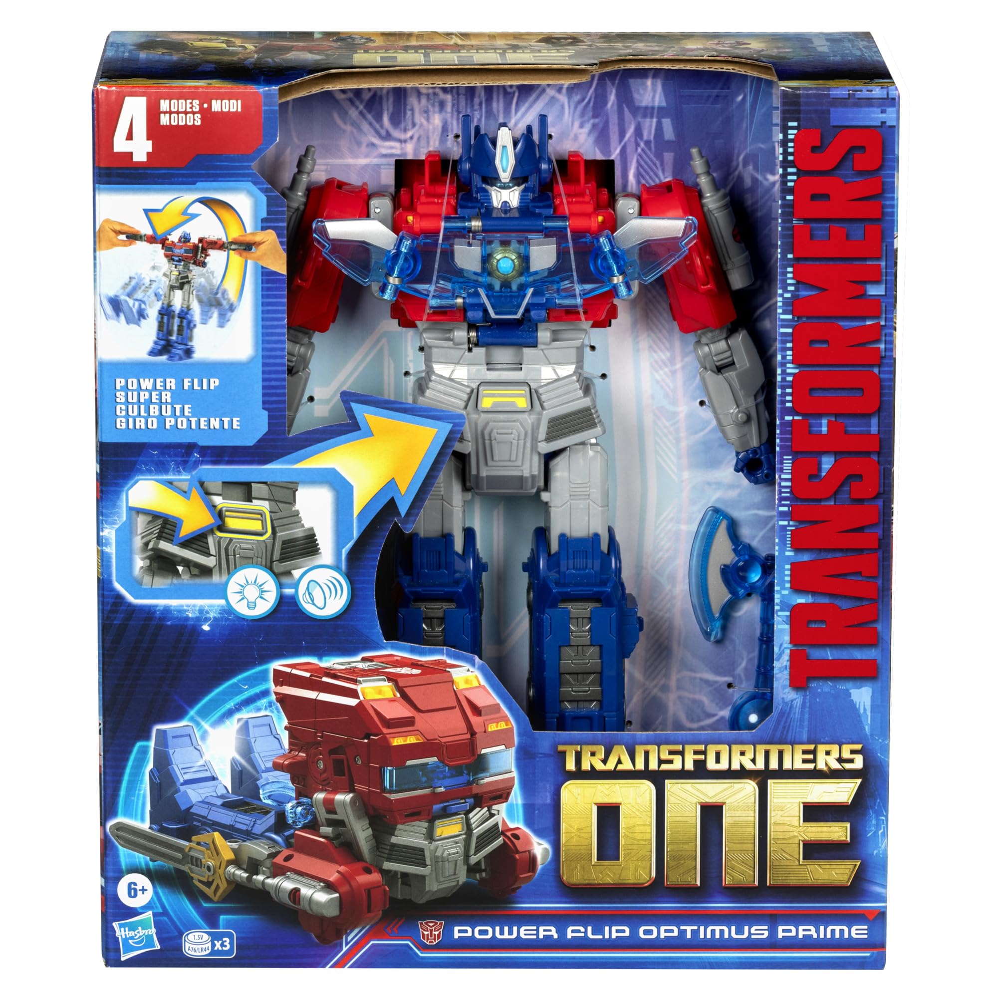Transformers One Power Flip Optimus Prime in Cybertronian Truck mode for adventure scenes.