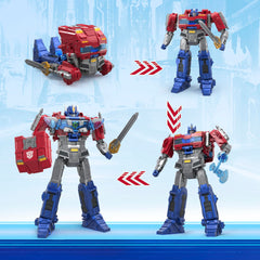 Transformers One Power Flip Optimus Prime figure in action-ready stance for shelf display.