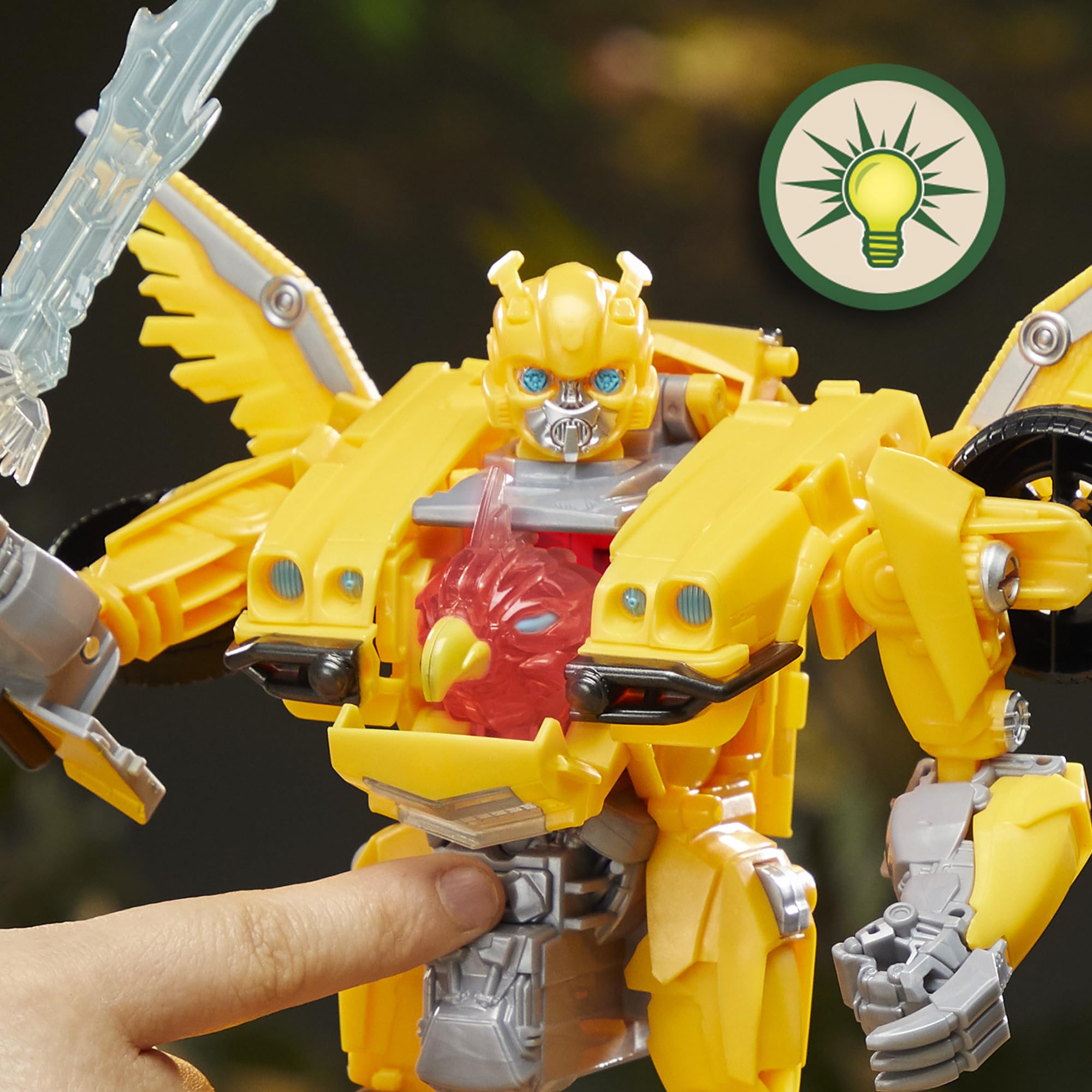 Transformers Beast-Mode Bumblebee lights and sounds enhance action moments during play.
