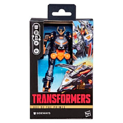 Animation-inspired deco details on the Transformers Sideways figure for collectors.