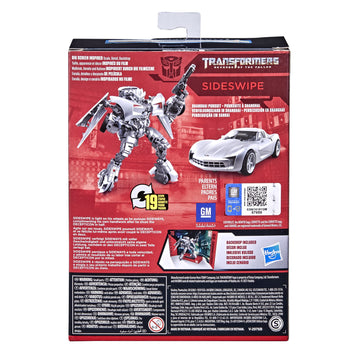 Transformers Studio Series 78 Deluxe Sideswipe in the Shanghai Pursuit scene backdrop display.
