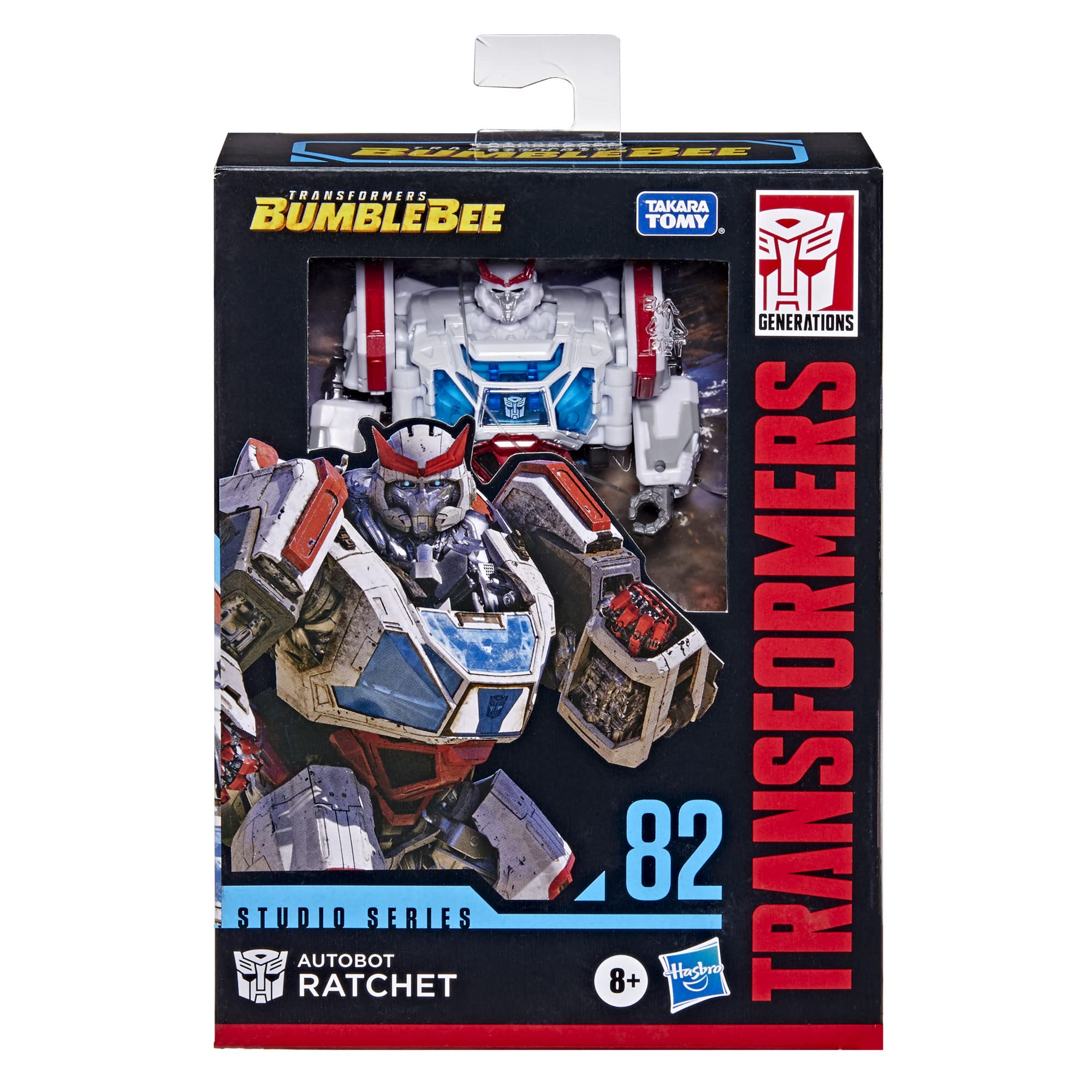 Transformers Studio Series 82 Autobot Ratchet in vehicle mode with Cybertronian vehicle details.