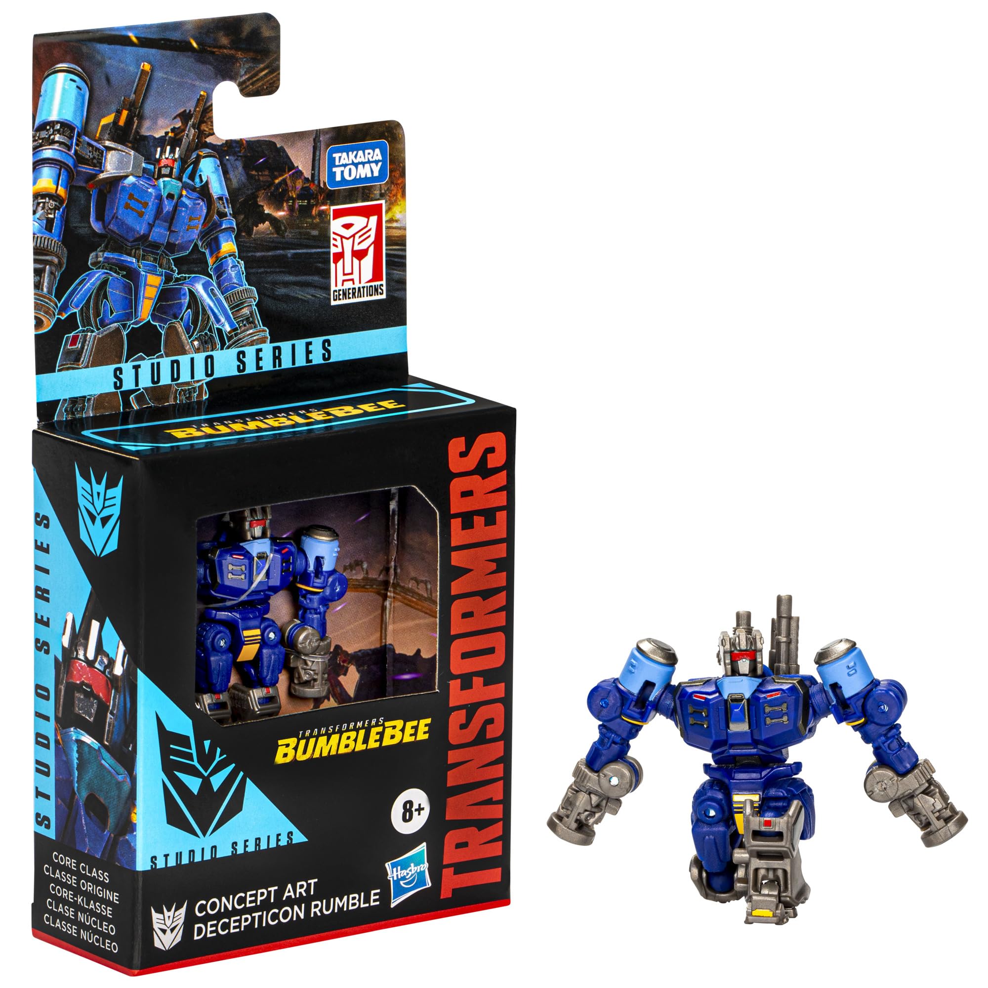 Transformers Studio Series Core Class Decepticon Rumble with two blaster accessories for mode-ready action.