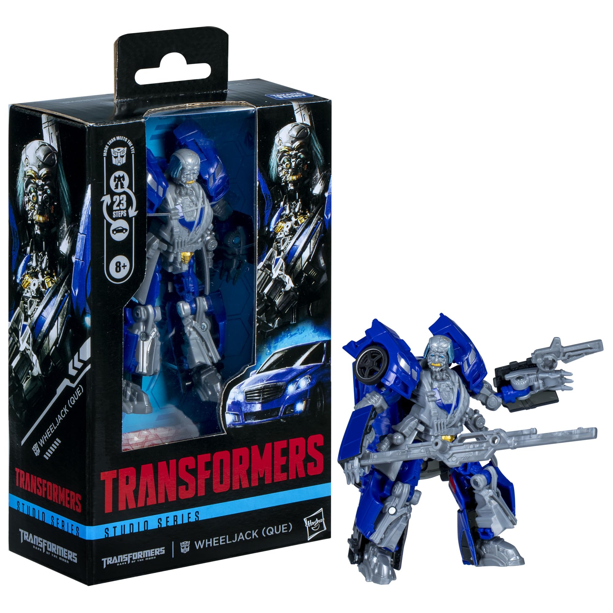 Transformers Wheeljack Que with blaster accessory for authentic play and display.