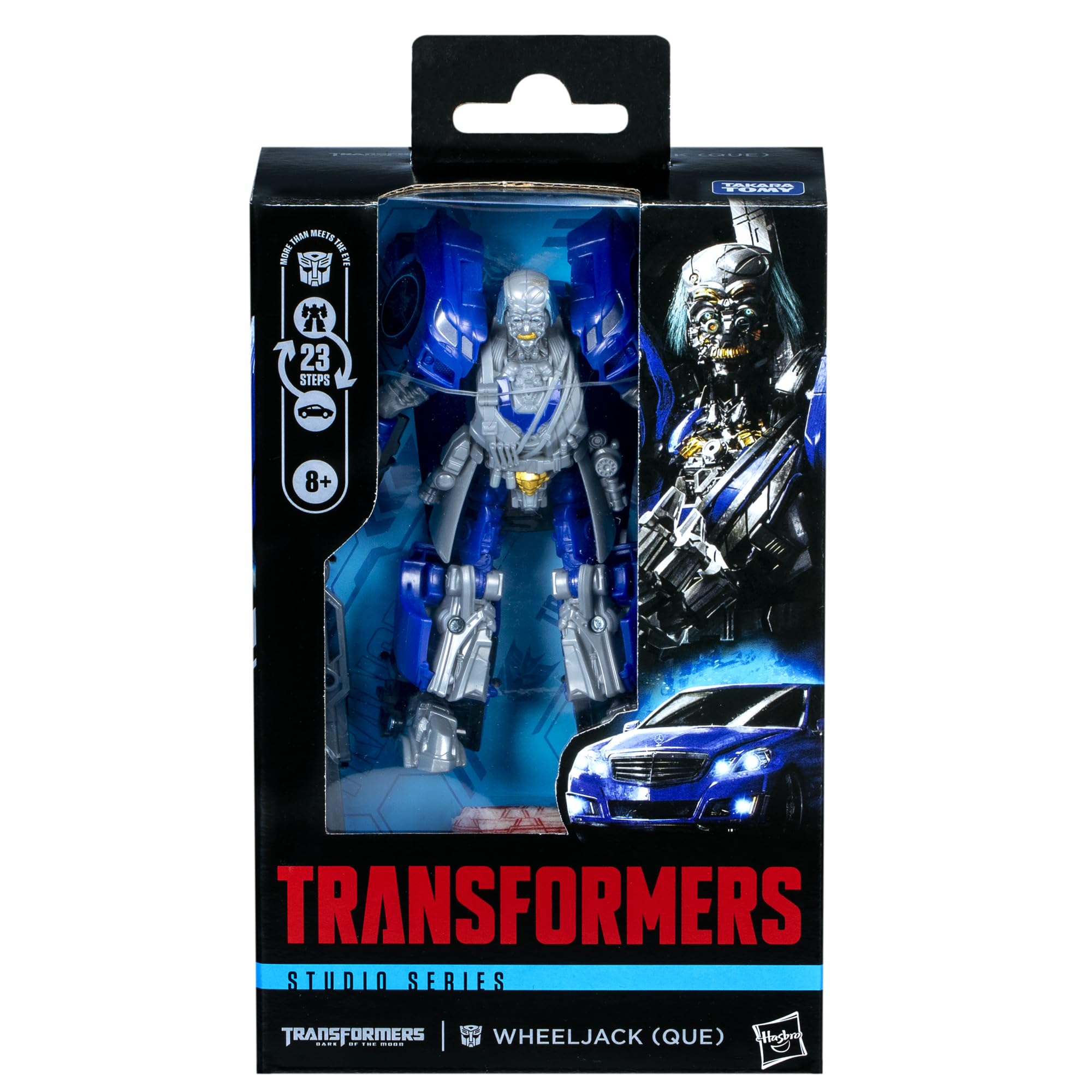 Transformers Wheeljack Que Studio Series figure with articulated head, arms, and legs for poses.